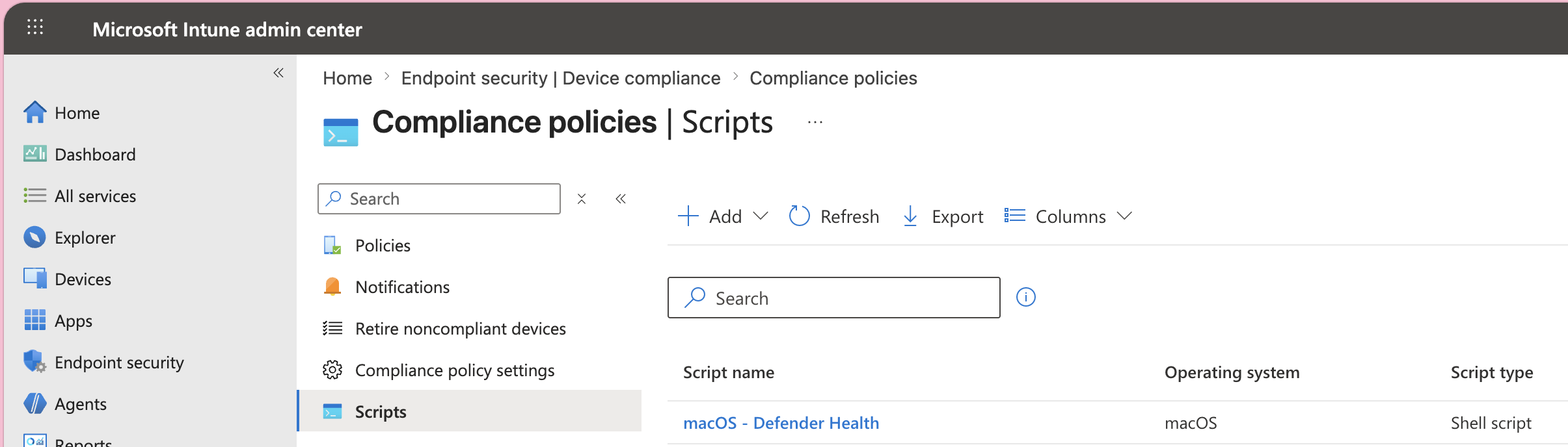 Compliance policies Scripts blade in the Intune admin center, showing a macOS shell script
