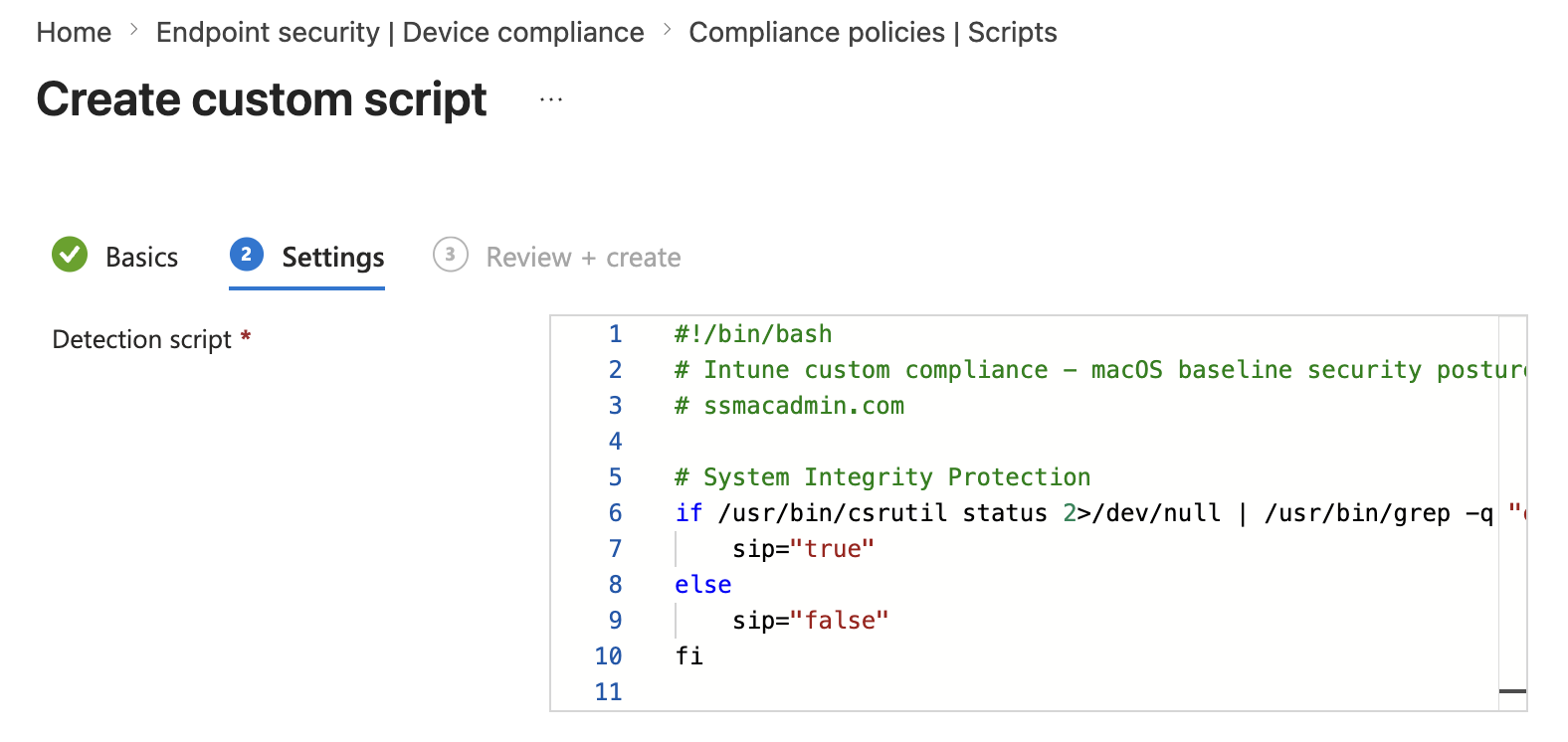 Create custom script wizard with a bash detection script pasted into the Settings tab