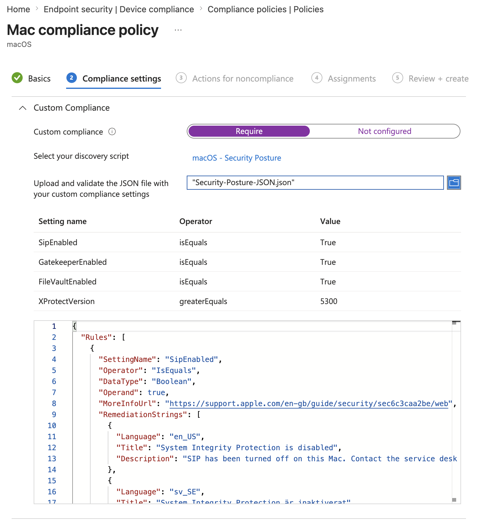 Mac compliance policy showing the four parsed settings — SipEnabled, GatekeeperEnabled, FileVaultEnabled and XProtectVersion — with their operators and values