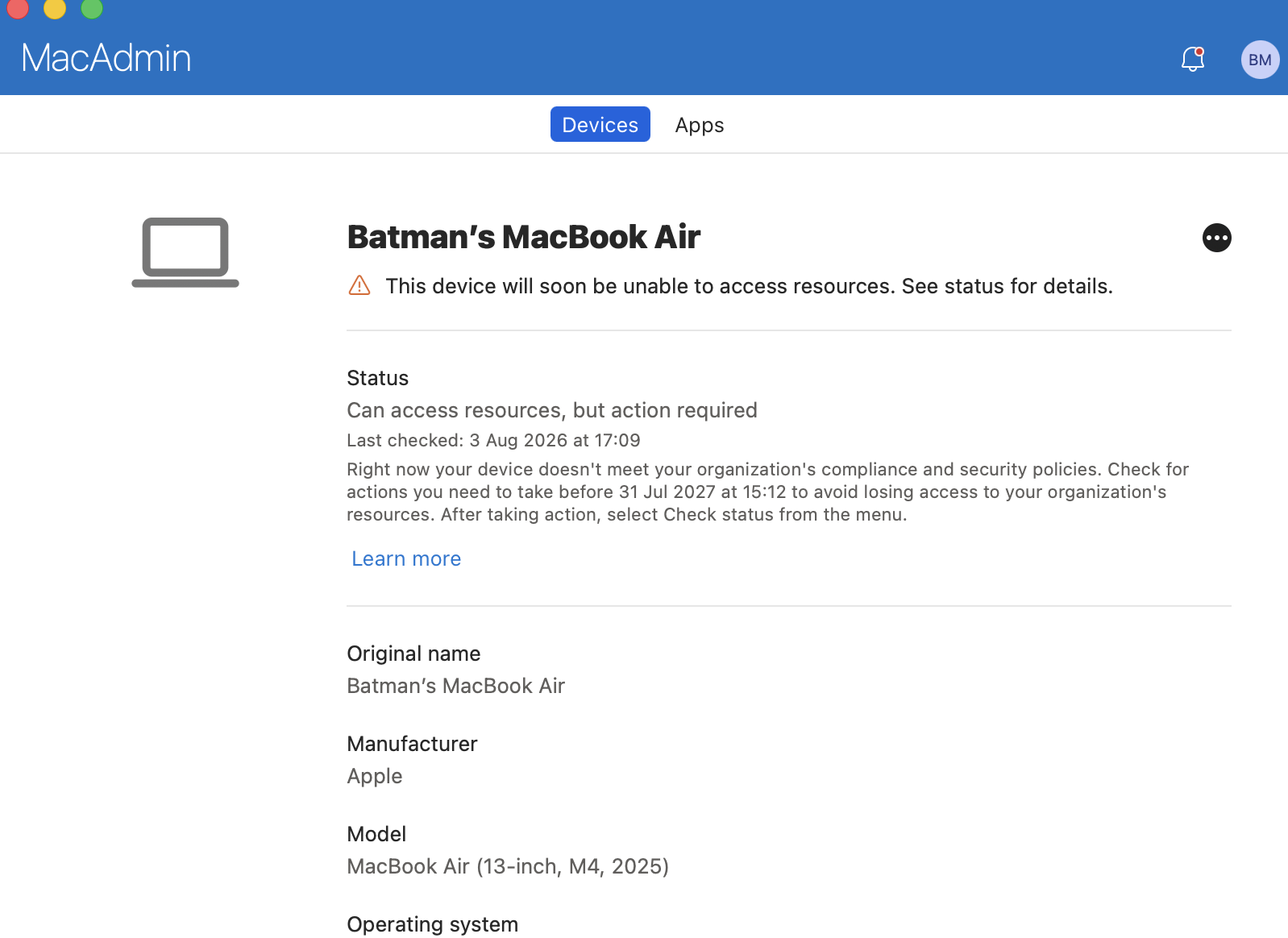 Company Portal showing a MacBook Air with status "Can access resources, but action required"