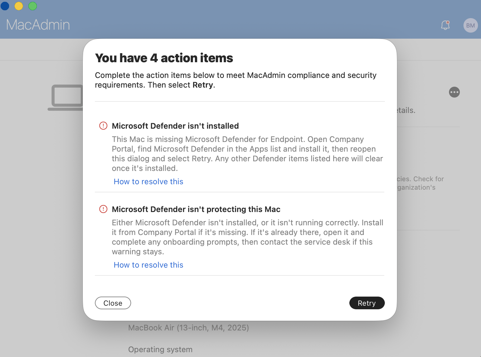 Company Portal action items dialog after the fix, showing four items led by "Microsoft Defender isn't installed"