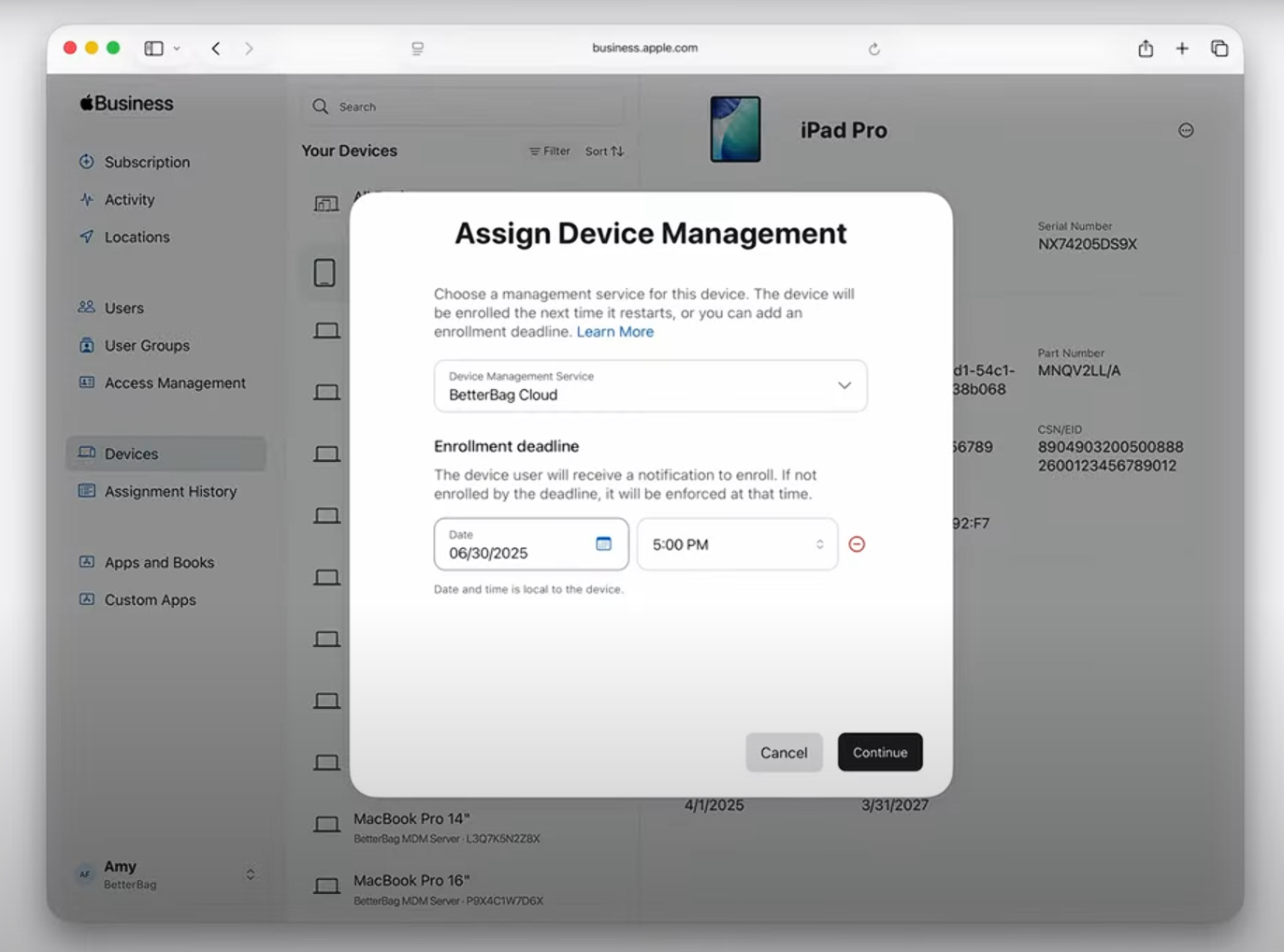 ABM device reassignment screen